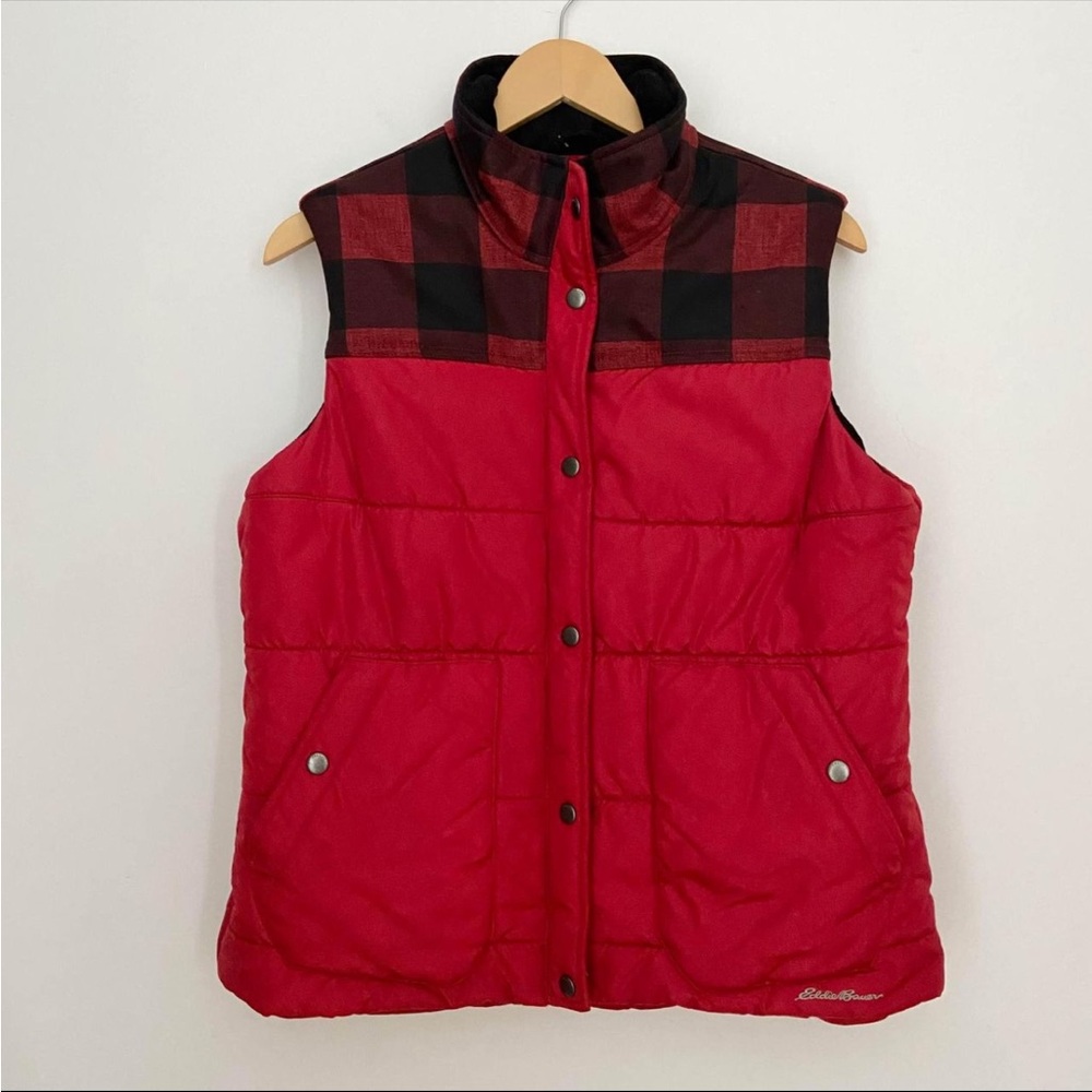 Eddie Bauer Red Plaid Puffer Vest